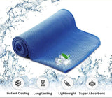 Blue cooling towel with water splash background and features listed below.