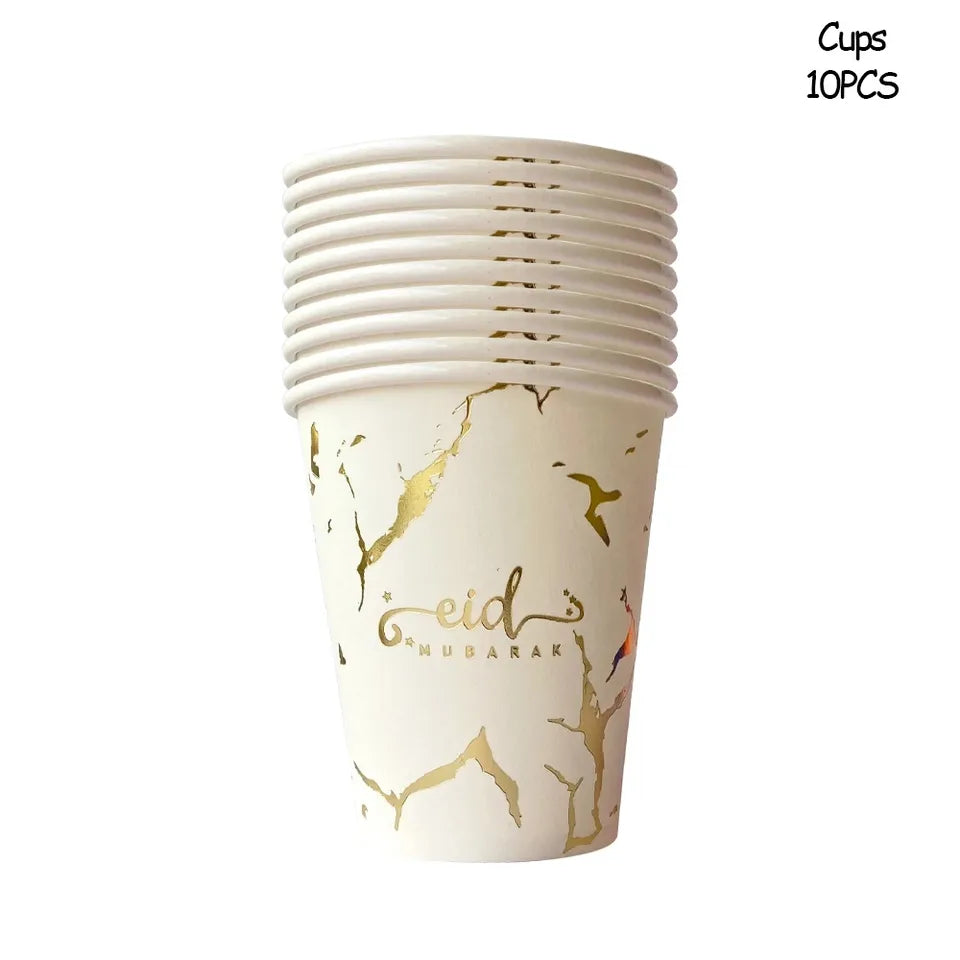 White and gold marble Eid Mubarak paper cups