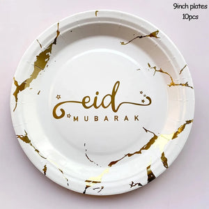 Eid Paper Plates - White/Gold Marble